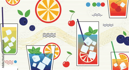 Refreshing Summer Beverages With Fresh Fruit and Ice Cubes on a Patterned Background
