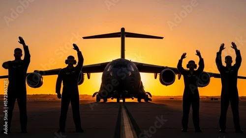 Silhouetted Airmen and Cargo Plane at Sunset - Four airmen stand with arms raised in silhouette against a vibrant sunset, a large military cargo plane positioned between them on the tarmac.