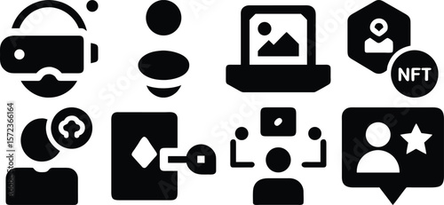 Vector art of a set of bold black icons depicting various aspects of the metaverse, nfts, and digital ownership isolated on transparent background.
