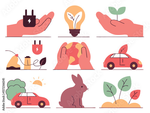 Sustainable living and eco consciousness illustrated collection of environmentally friendly icons