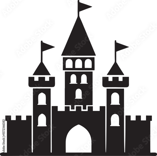 Black silhouette of a medieval castle with flags isolated on white background