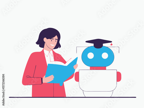 Teacher educating robot student studying from book on white background