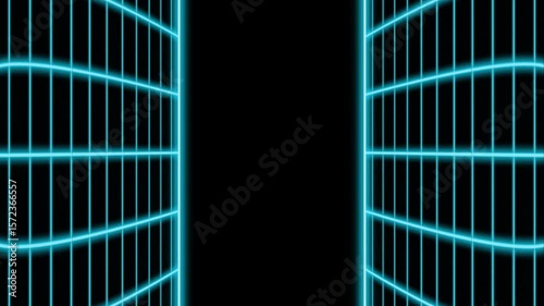Abstract blue cyan grid lines curve perspective neon lights moving animation on the black background