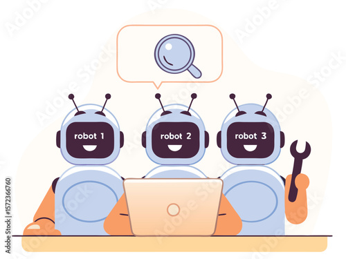 Three friendly robots collaborate on a project with laptop and repair tool illustration