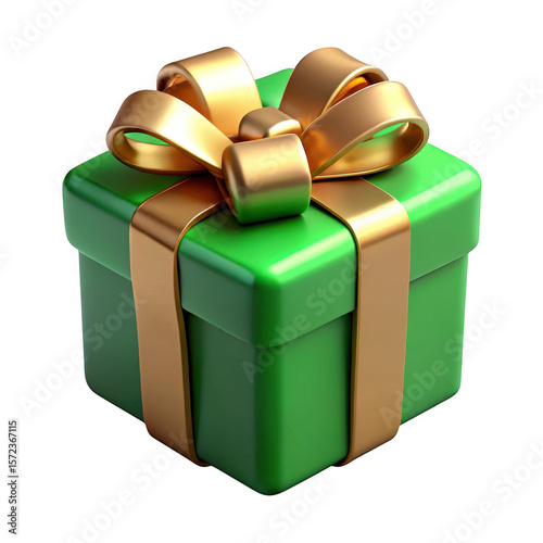 3d green gift box with gold ribbon isolated on transparent background