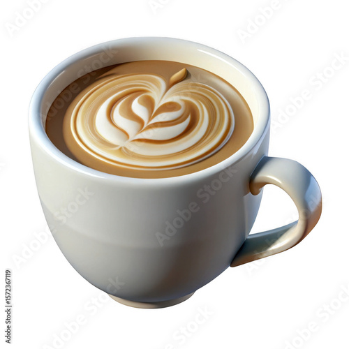 3d latte art coffee cup with heart design isolated on transparent background