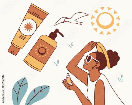 Woman protecting from sun with sunscreen and sun protection products
