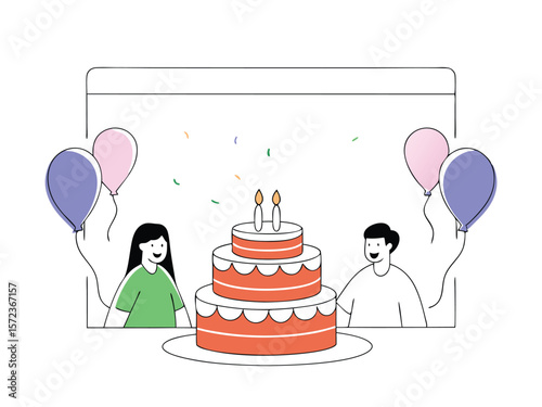 Birthday celebration with cake balloons and people on white background transparent elements