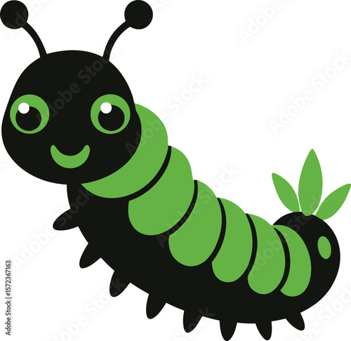 Cute cartoon caterpillar with green segments and leaves silhouette isolated on white background