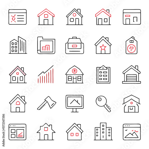 Collection of real estate icons featuring houses buildings and related symbols in a uniform style design