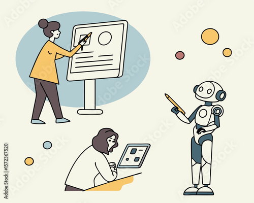Collaborative workplace illustration featuring human and robotic interactions with presentation and tablet.