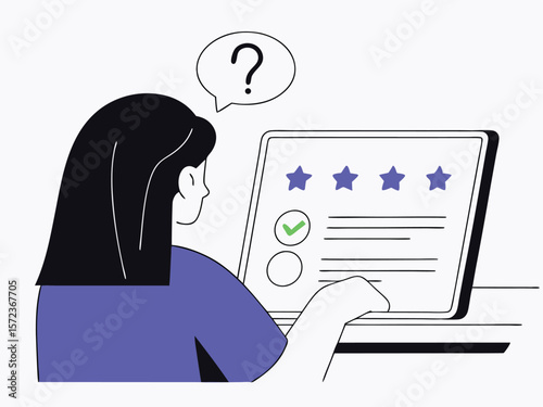 Customer review and rating analysis illustration with question mark