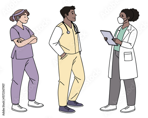 Diverse medical professionals interacting illustration with transparent background