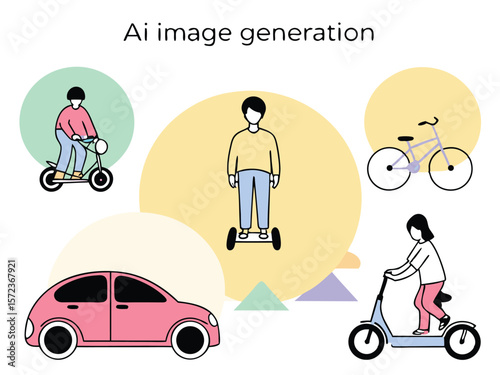 Diverse transportation illustrations featuring figures on electric vehicles and a bicycle on a white background