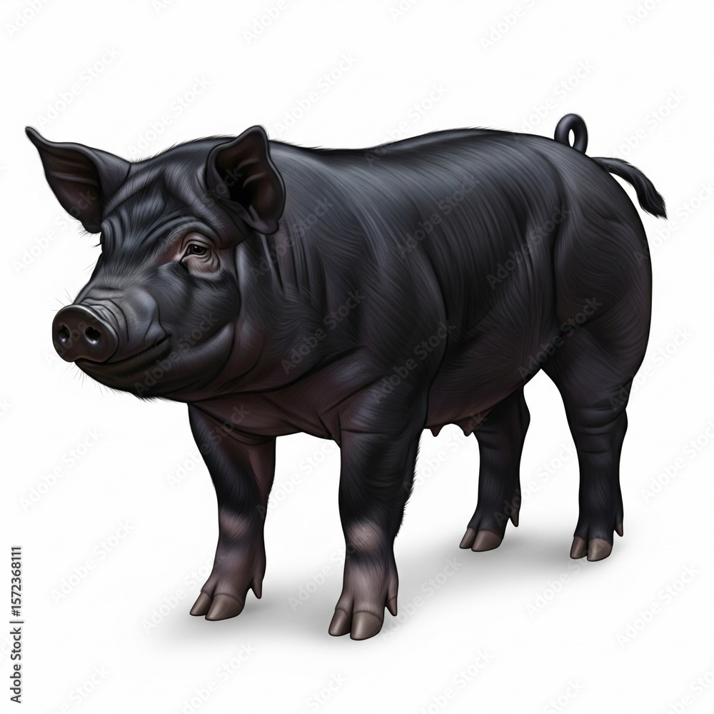 Obraz premium Healthy Adult Black Pig with Curly Tail Isolated on White Background.