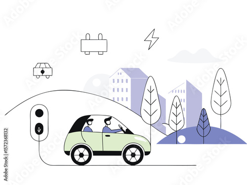 Electric vehicle illustration with cityscape and charging station depicting sustainable transportation