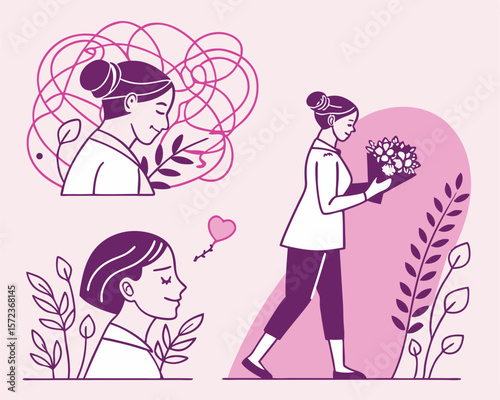 Elegant vector illustration of women, flowers, and botanical elements in purple tones