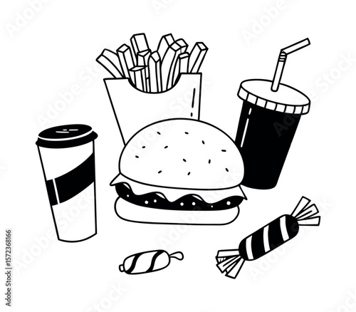 Vector illustration set of cartoon fast food icons for drinks, burgers, and snacks