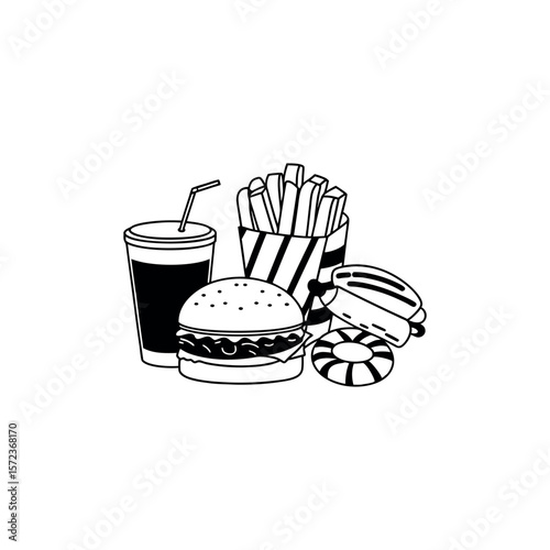 Delicious cartoon vector icons set of fast food and drink, featuring burgers, sandwiches, coffee, and cake for menu and meal illustrations