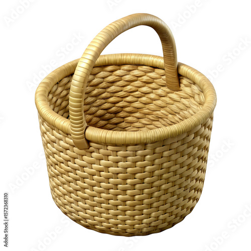 3d woven basket with handle isolated on transparent background