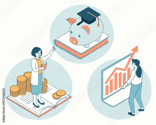 Financial education and investment growth illustrated with piggy bank and statistics