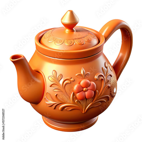 3d ornate orange teapot with floral embossing isolated on transparent background