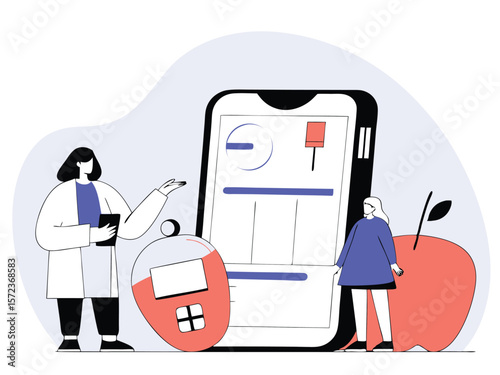 Healthcare professionals discuss medical data on a smartphone with health symbols