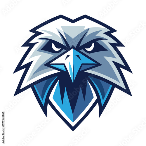 An aggressive, stylized eagle head stares with sharp, cold blue and white features