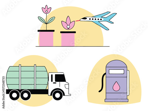Illustrated vector graphic of transport fuel airplane and floral elements