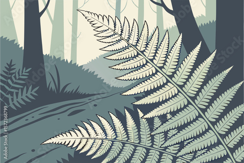 A detailed vector illustration of forest ferns in a close-up view, with morning dew droplets glistening on the leaves. 