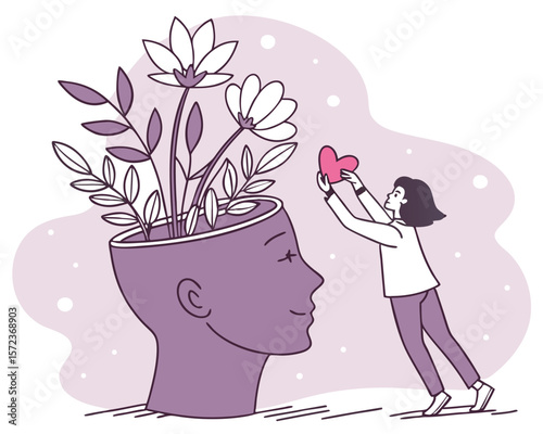 Illustration of mindful person with flowers and a heart on a transparent background