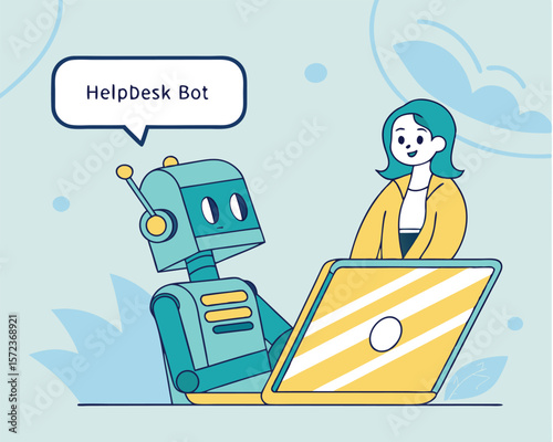 Illustration of helpdesk bot and woman with laptop for customer service and ai support