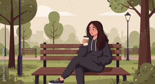 Serene Moment Woman Enjoying Coffee in a Tranquil Park