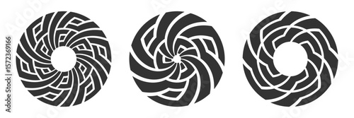 Abstract round symbols, circular geometric shapes. Decorative pattern isolated on white background. Vector monochrome illustration. Ornamental circles shapes.