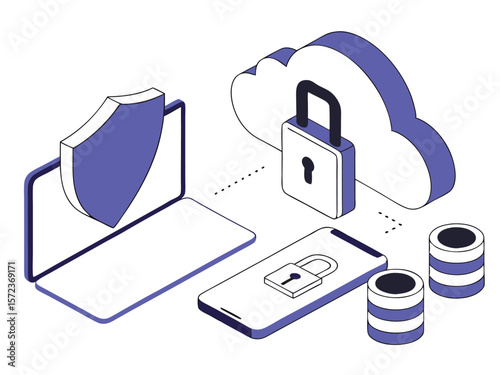 Isometric cloud security illustration representing data protection and secure digital network