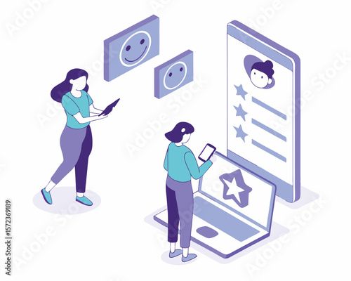 Isometric illustration depicting customer service reviews and ratings on devices
