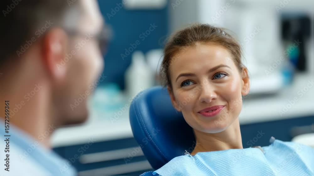 Content and confident young woman in a dental clinics chair her smile conveying a sense of reassurance as she interacts with her dentist underscoring the role of compassionate care