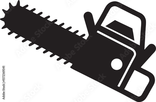 Black silhouette of a chainsaw with a sharp chain and handles isolated on white background