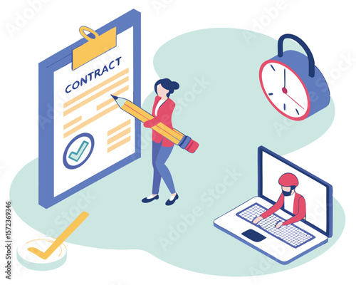 Isometric illustration of business professionals working on contracts and online meetings