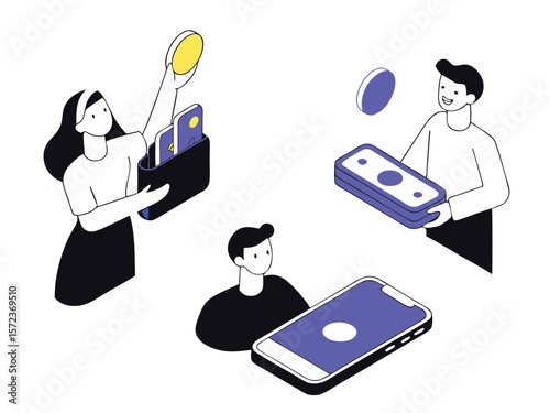 Isometric illustration of financial transactions with people money and smartphone