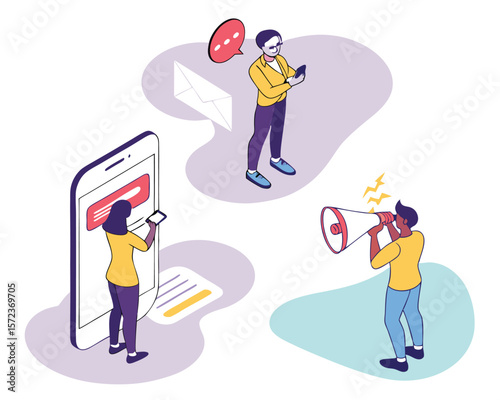Isometric illustration of people interacting with technology on a white background