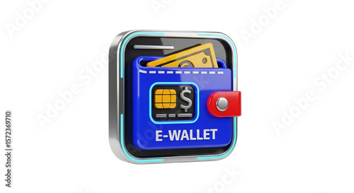 Modern blue e wallet icon with cash and credit card isolated on transparent background