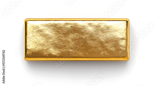 Rectangular gold bar, rich and shiny, viewed from above, casting a subtle shadow on a clean white backdrop. Symbol of wealth and prosperity.