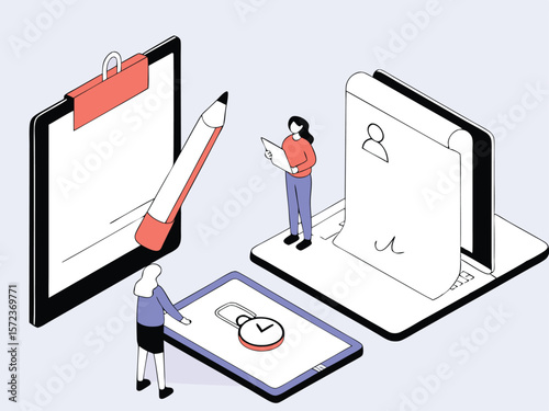 Isometric illustration of people with clipboard laptop and tablet on white transparency