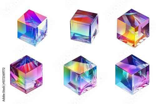 Six iridescent crystalline cubes with fractured surfaces displaying prismatic light effects isolated on transparent background