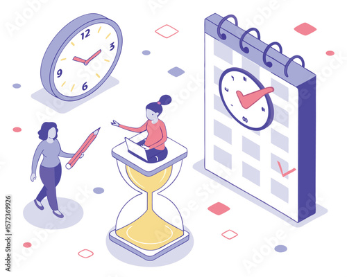 Isometric illustration of time management and schedule planning concepts