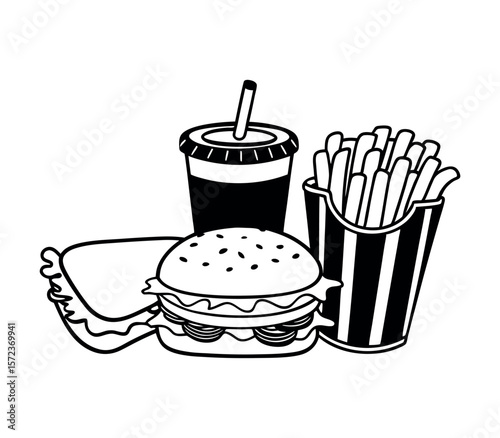 Fast food icons: burger, fries, and soda vector set illustrating a delicious lunch meal with pizza, sandwich, and cake