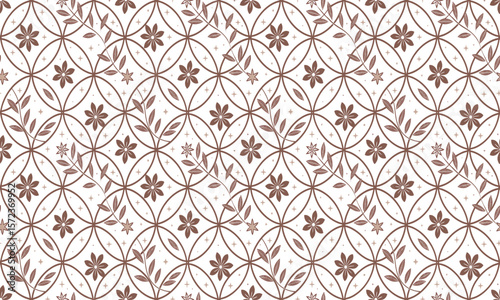 Seamless floral pattern with geometric circular symmetry and delicate brown flowers – elegant botanical background for textiles, wallpapers, and surface design

