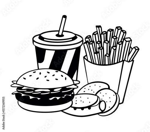 Fast food icons: burger, fries, and soda vector set illustrating a delicious lunch meal with pizza, sandwich, and cake