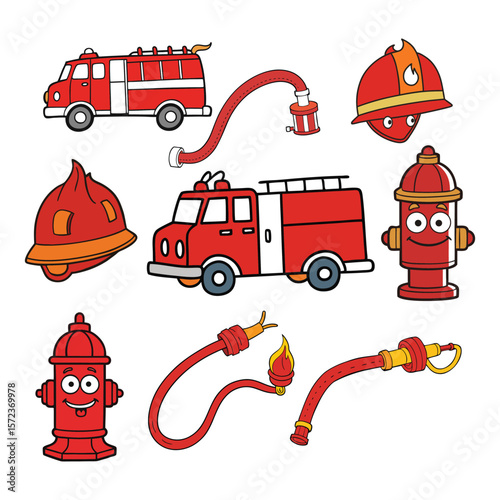 Collection of fire safety equipment icons and symbols for emergency services.